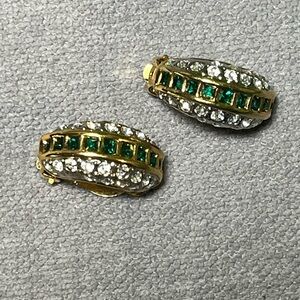 Old Money Blingety Bling Goldtone and Green and white Crystal Clip On Earrings